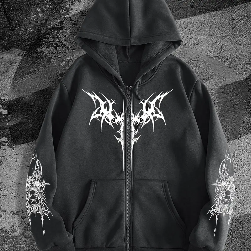 Men's Gothic Style Zip Up Grunge Streetwear Graphic Hoodie, Regular Fit Casual Fashion Long Sleeve Hooded Sweatshirt for Daily Wear, Men's Clothes for All Seasons, Longsleeves Tops, Graphic Hoodies, Menswear