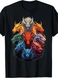 Vibrant Dragon TShirt Distinctive Black Shirt Showcasing Seven Intense Dragon Illustrations in Shades of Grey Yellow Orange Green Purple Blue And Red Crew Neck Casual Wear Striking Gr, PLUS SIZE