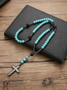1pc Boho 8mm Turquoise Bead Necklace with Cross Pendant, Unisex Rosary Gift, Natural Stone Chain, All Seasons Jewelry
