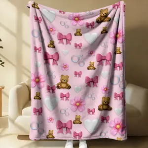 Cute and Charming Flannel Throw Blanket,Cozy Throw Blanket,Bear Bow and Cherry Blossom Print Throw Blanket,Perfect for Home, Camping, Travel, and Keeping Warm In The Office, Makes A Perfect Addition to Your Living Room Decor.