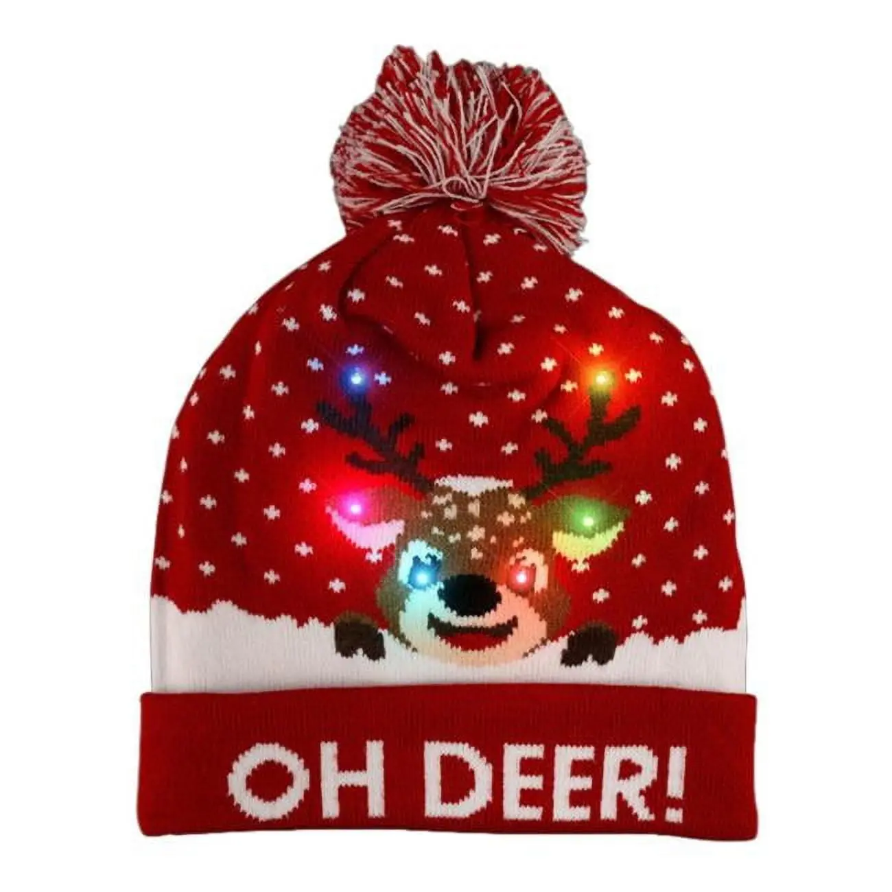 Light Up Oh Deer Red Pompon Beanie Hat