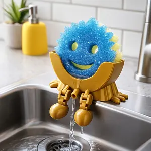 Cute Fun Drainage Smiley Sponge Rack with Draining Hole Legs | 2026 New Creative 3D Printing Bowl Washing Sponge Storage Rack Kitchen Sink Side Countertop Storage Rack Household Cleaning Tools Plastic Bracket