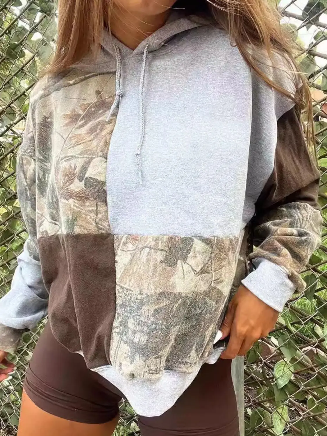 Full Size Drawstring Patchwork Long Sleeve Hoodie Full Size Drawstring Patchwork Long Sleeve Hoodie