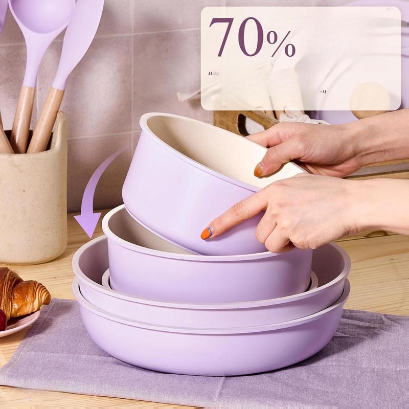 CAROTE Pots and Pans Set Non Stick, Cookware Sets, 19pcs Kitchen Set, Oven/Fridge Safe, Space Saving Pots Set, Nonstick Set with Versatile Removable/Detachable Handle, Induction RV Set, Purple