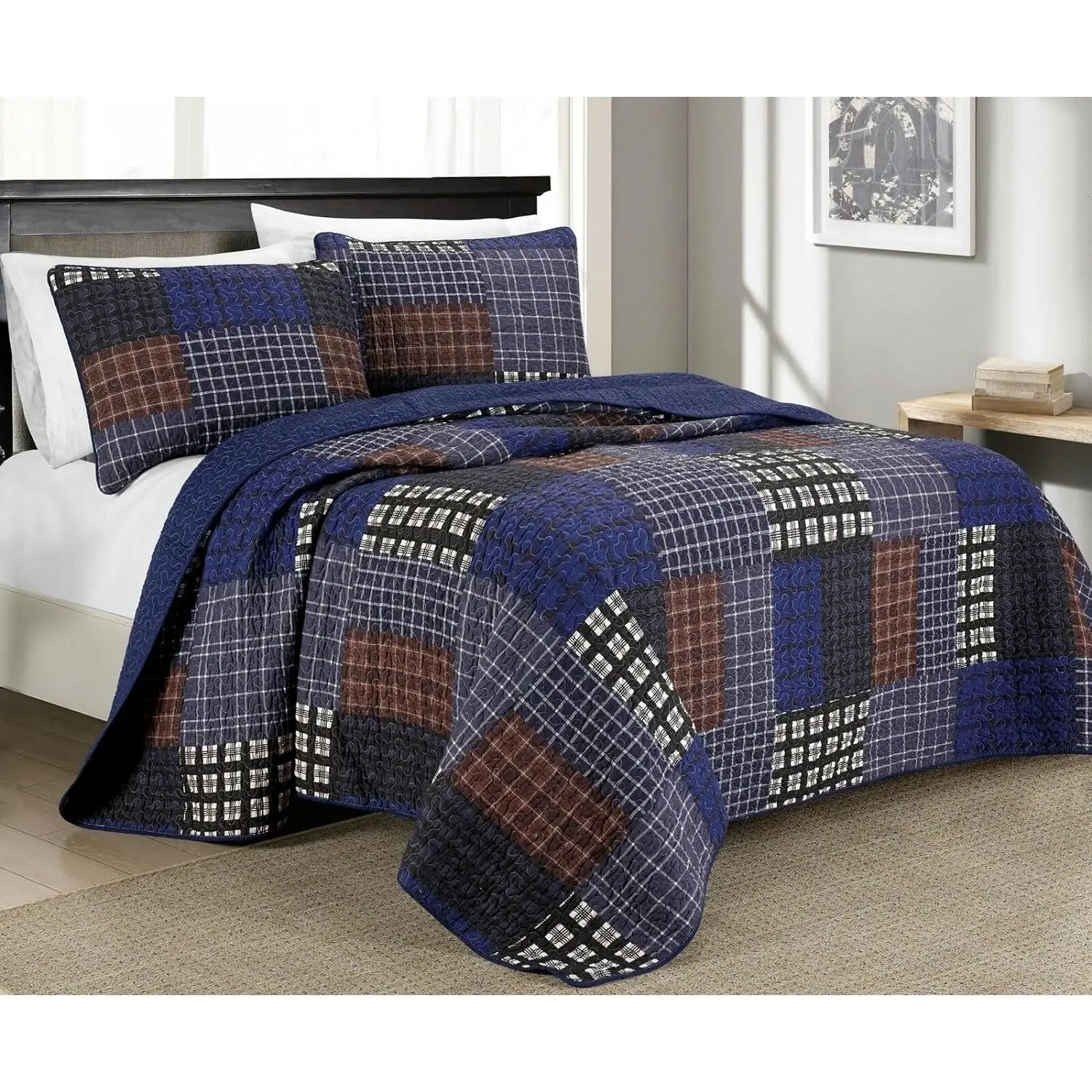 Sherman King Size Microfibre Quilt - 3-Lodge Plaid Patchwork Print, Pre-Washed, Vermicelli Stitch Quilting, All Seasons Use, Machine Washable, Tumble Low Dry, Cold Water, Year-Round Use