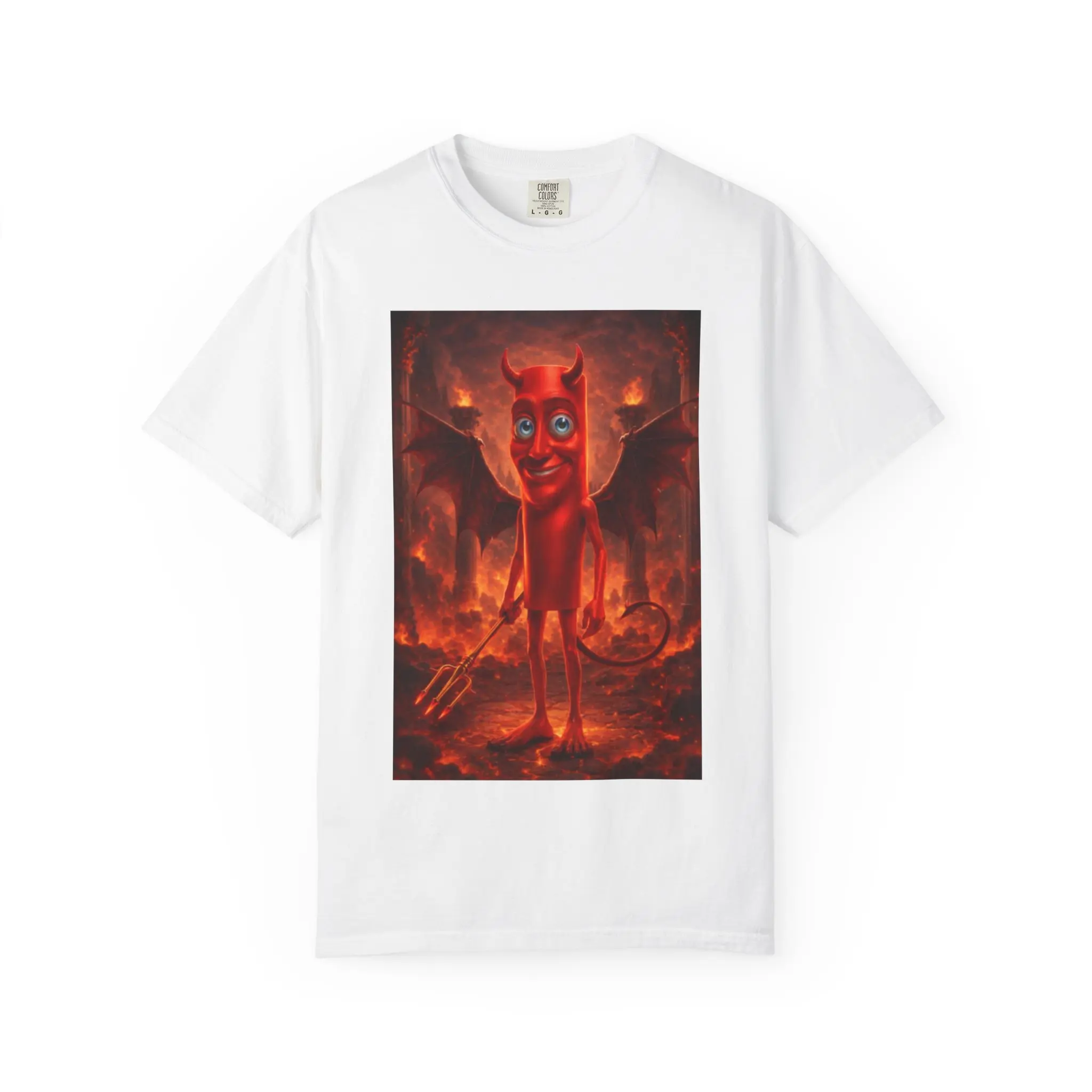 Cartoon Red Devil Illustration T-Shirt | Demon Character, Fiery Background