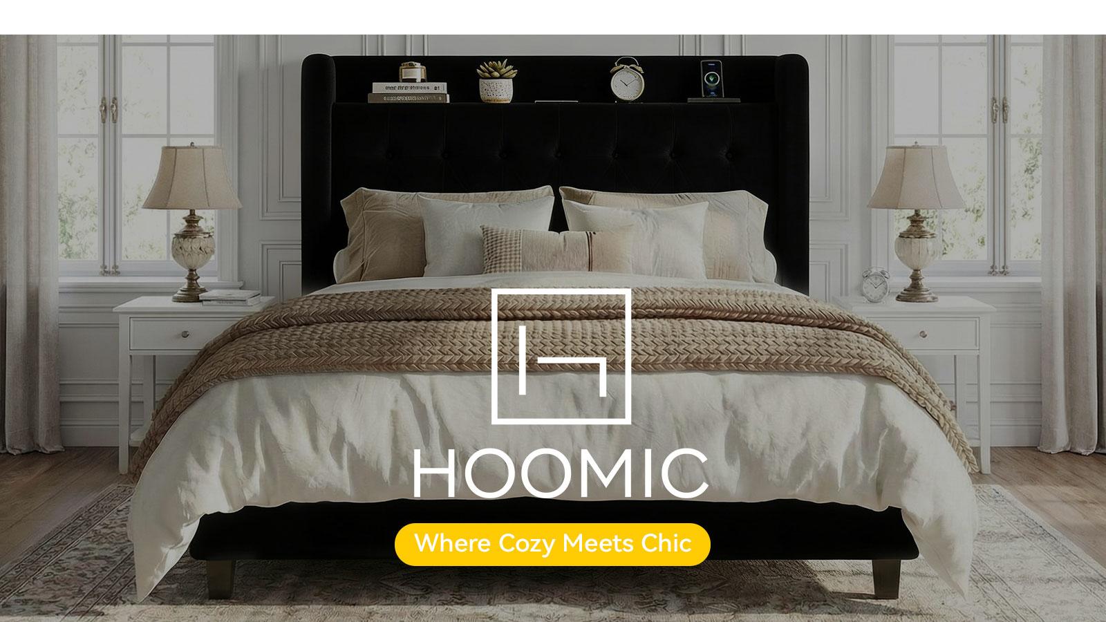 HOOMIC Full/Queen/King Platform Bed Frame with USB Ports, Upholstered Velvet Wingback Headboard, Wooden Slats, and Storage Shelf – Easy Assembly, No Box Spring Required, Black/White/Grey/Cream White#SummerVibes