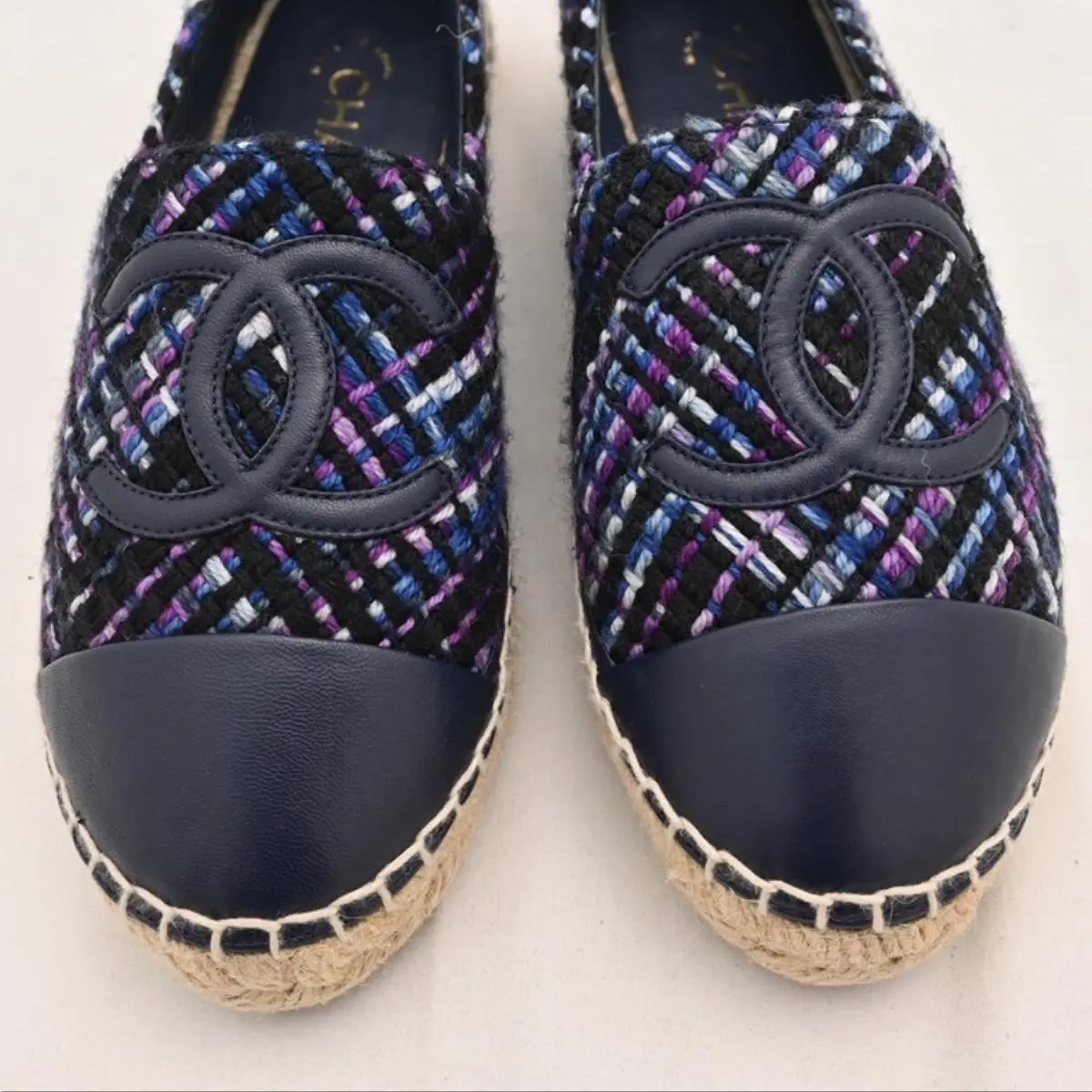 Pre-owned CHANEL As Shown Shoulder Bags Tweed Espadrille Slip On Shoes CC Logo Navy/Purple ch9747cc