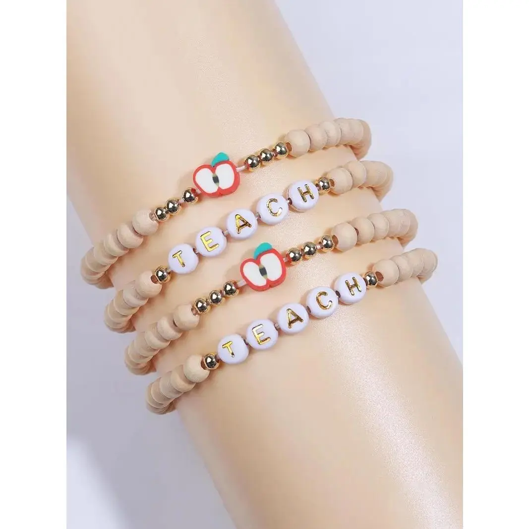 Teacher Appreciation Bracelet Gift Set, TEACH Letter Bracelet and Apple Charm Beaded Jewelry with Best Teacher Ever Card, Thank You Gift for Preschool and Elementary Teachers