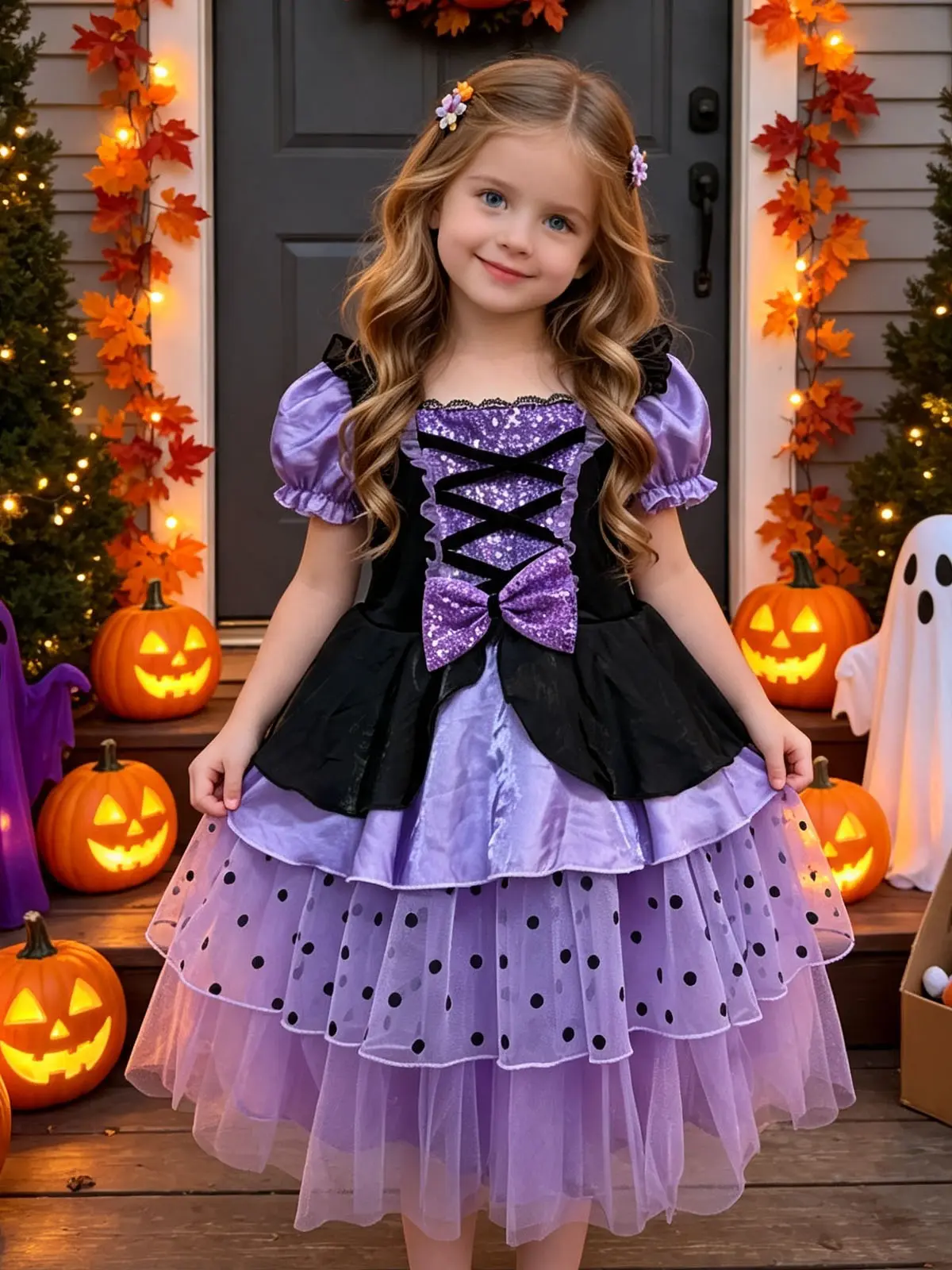 Girls Purple Witch Halloween Costume Dress Puff Short Sleeve Polka Dot Tulle Layered Skirt Kids Cosplay Party Fancy Outfit clothing princess
