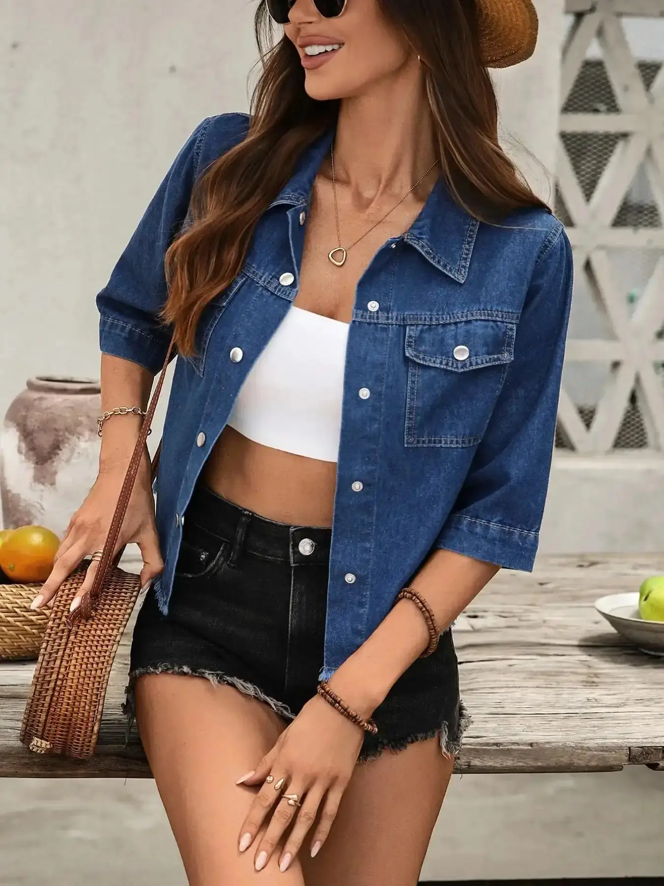 Women's Sleek Lapel Seven-Quarter Sleeve Short Denim Jacket, Single Button Frayed Hem Flip Cover Chest Pocket, Summer Casual Outerwear, Tops, effortless layering, chic everyday, refined casual