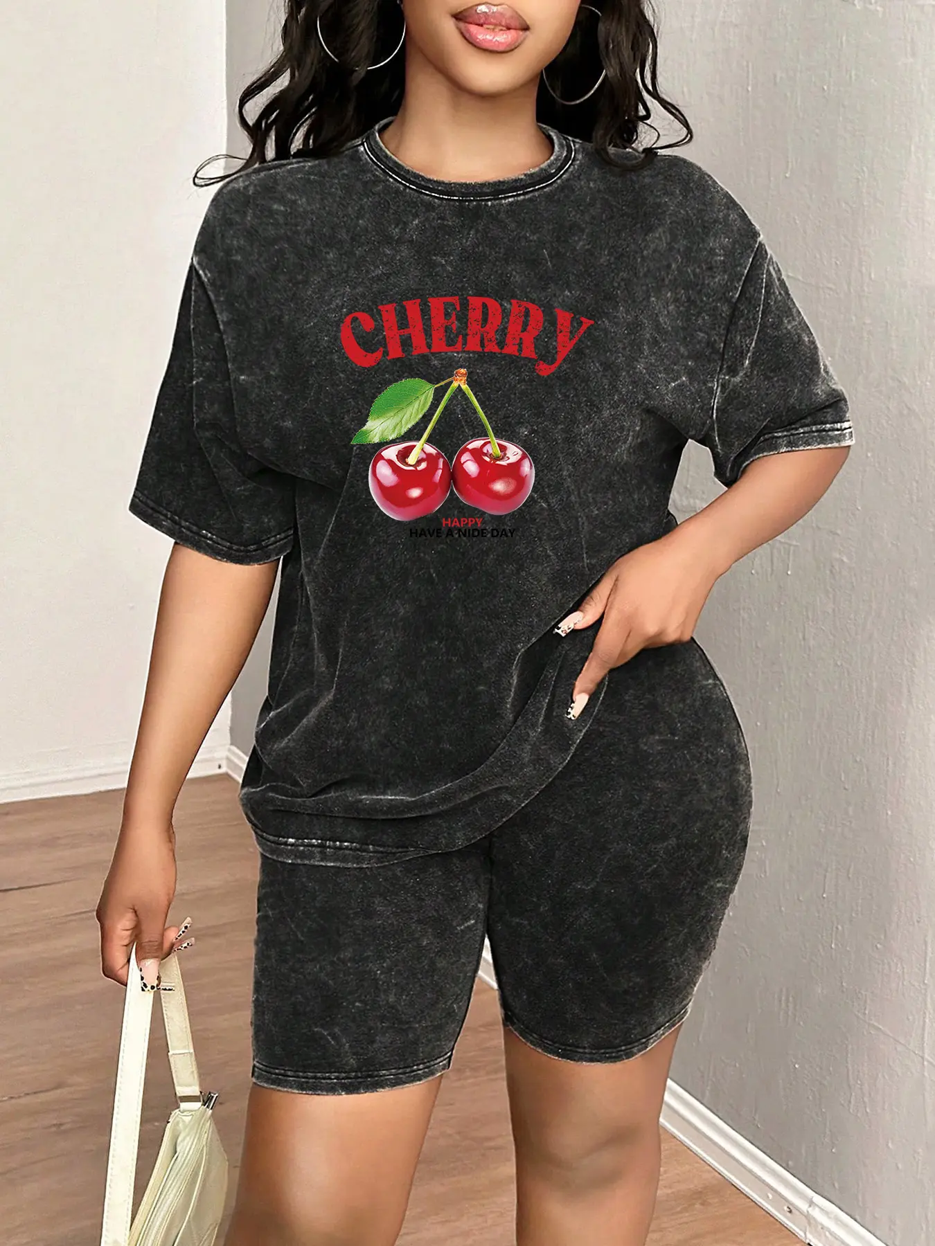 Spring & Summer Plus Size Sports Two-Piece Set with Creative Print, Tie-Dye Washed Vintage Short Sleeve T-Shirt and Shorts, Plus Size Women's Jogging Outfit, Athleisure Wear Set, Athleisure Summer Clothes, Athleisure Outfits