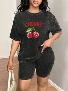 Spring & Summer Plus Size Sports Two-Piece Set, Athleisure Wear Set with Creative Print, Tie-Dye Washed Vintage Short Sleeve T-Shirt and Shorts, Plus Size Women's Jogging Outfit
