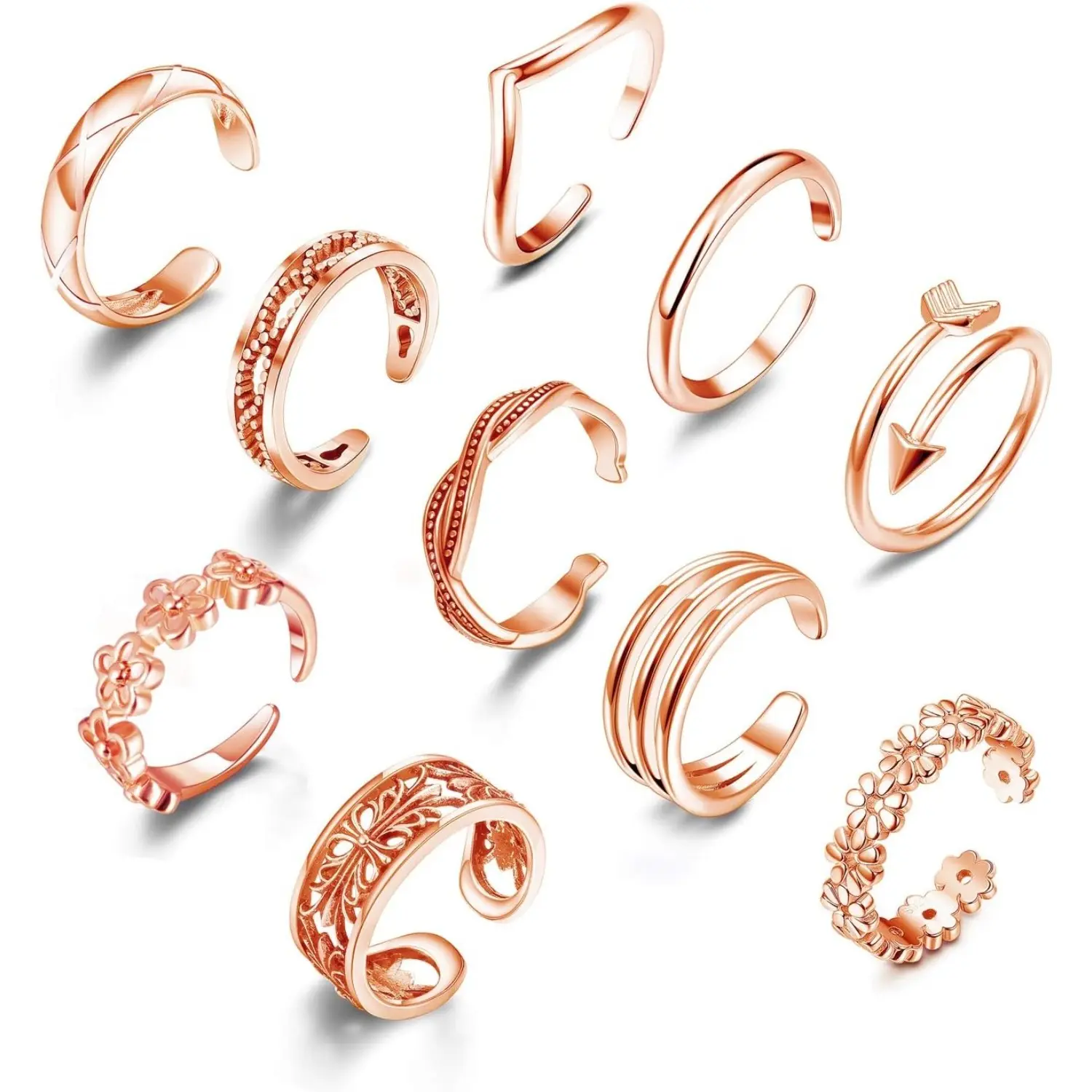 FINREZIO 10 Pcs Rose Golden Gentle Boho Style Toe Rings Set for Women Men Adjustable Open Toe Rings with Unique Patterns Hypoallergenic Lightweight Foot Jewelry Set for Summer Beach Daily Outfit Bridesmaid Gift