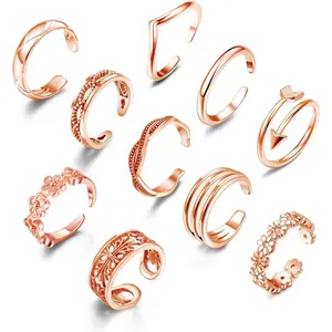 FINREZIO 10 Pcs Rose Golden Gentle Boho Style Toe Rings Set for Women Men Adjustable Open Toe Rings with Unique Patterns Hypoallergenic Lightweight Foot Jewelry Set for Summer Beach Daily Outfit Bridesmaid Gift