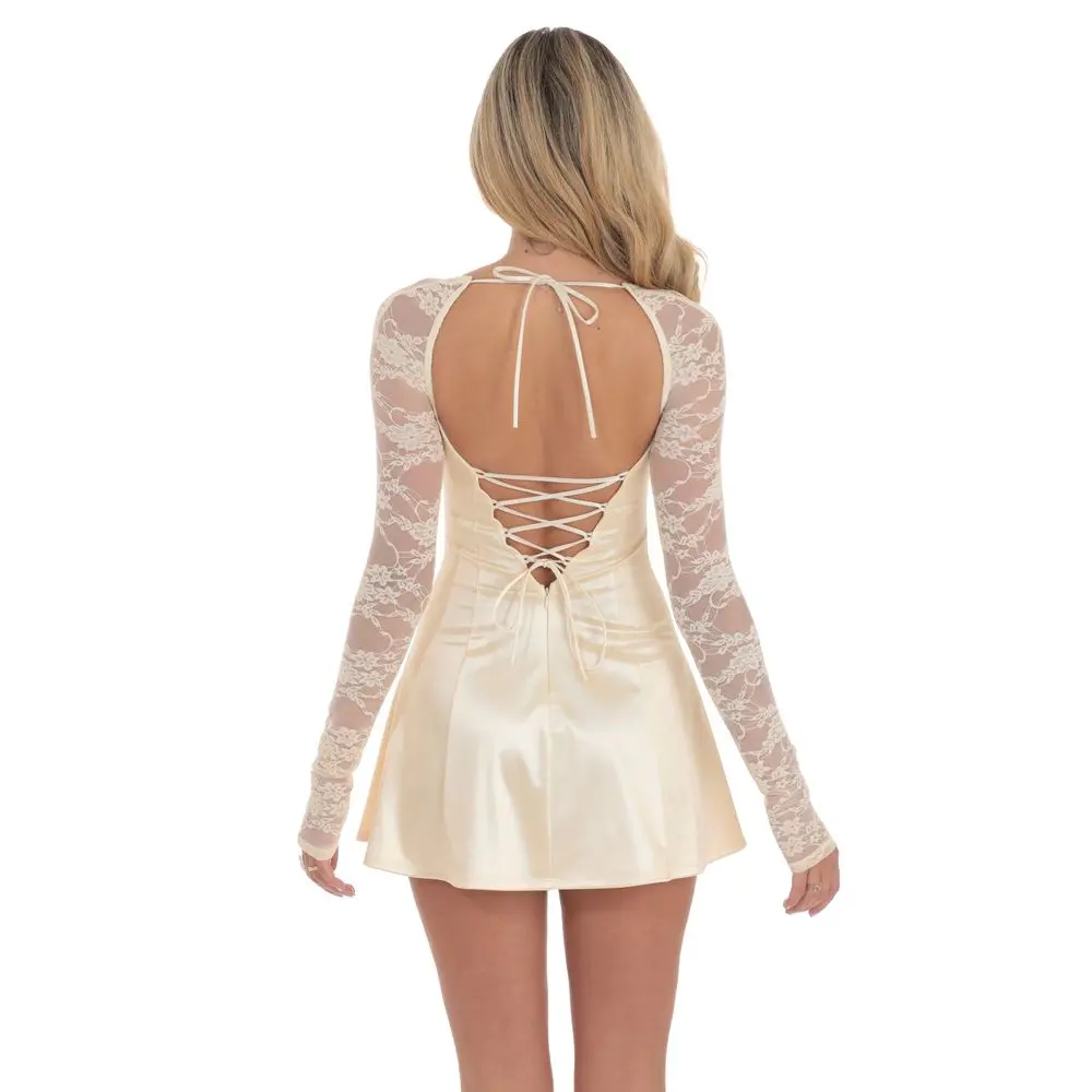Satin Lace Sleeve Dress in Yellow Cream