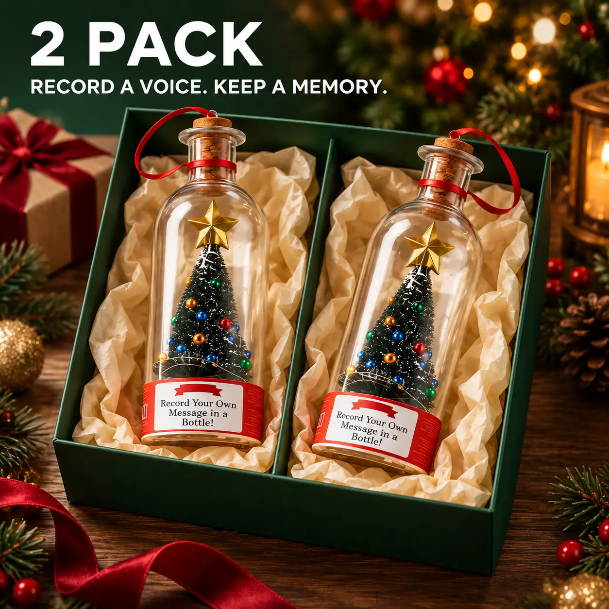 2-Pack Glass Bottle Festive Decor Set with Mini Star Tree, Voice Record-Playback Keepsake, Personalized Mini Unique Gifts for Long-Distance Loved Ones