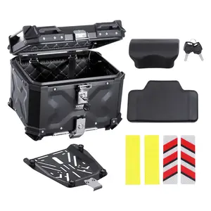 VEVOR Motorcycle Top Case,  Universal Aluminum Alloy Motorbike Tail Box with Leather Lining, 55L Waterproof Detachable Motorcycle Top Box with Lock & Back Cushion, Fit for 99% of Motorcycle Frames