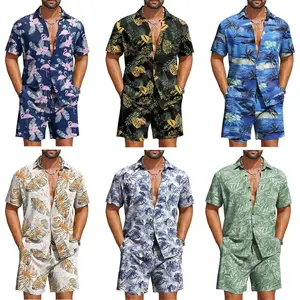 Men's 2 Piece Hawaiian Outfit Set, Tropical Print Button Down Shirt with Shorts, Summer Vacation Casual Beachwear for Vacation, Cruise Trips and Pool Parties XS-5XL