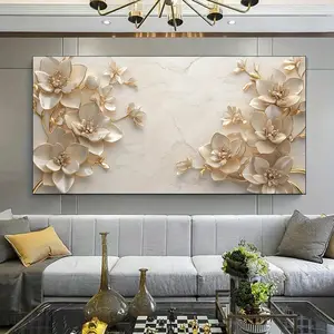 1 Piece Framed Canvas Painting, Large Canvas Art, Modern Gold Floral Canvas Art - Ink on Canvas, Elegant White and Gold Floral Design, Indoor Use, Perfect for Modern Spaces, Room Decor, Perfect for Living Room, Bedroom Office Decor.