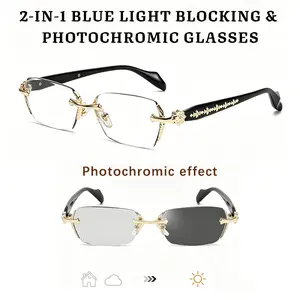 modern  glasses，Unisex Frameless Photochromic Sunglasses - HD Blue Light Blocking, Chrome-Plated with Diamond-Cut Edges, Durable for Daily & Outdoor Wear. vintage style