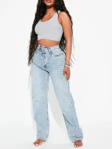 Women's Crossover Waist Straight Leg Jeans "Instant Hourglass" Light Wash Stylish Design for Casual & Semi-Formal Wear - Womenswear