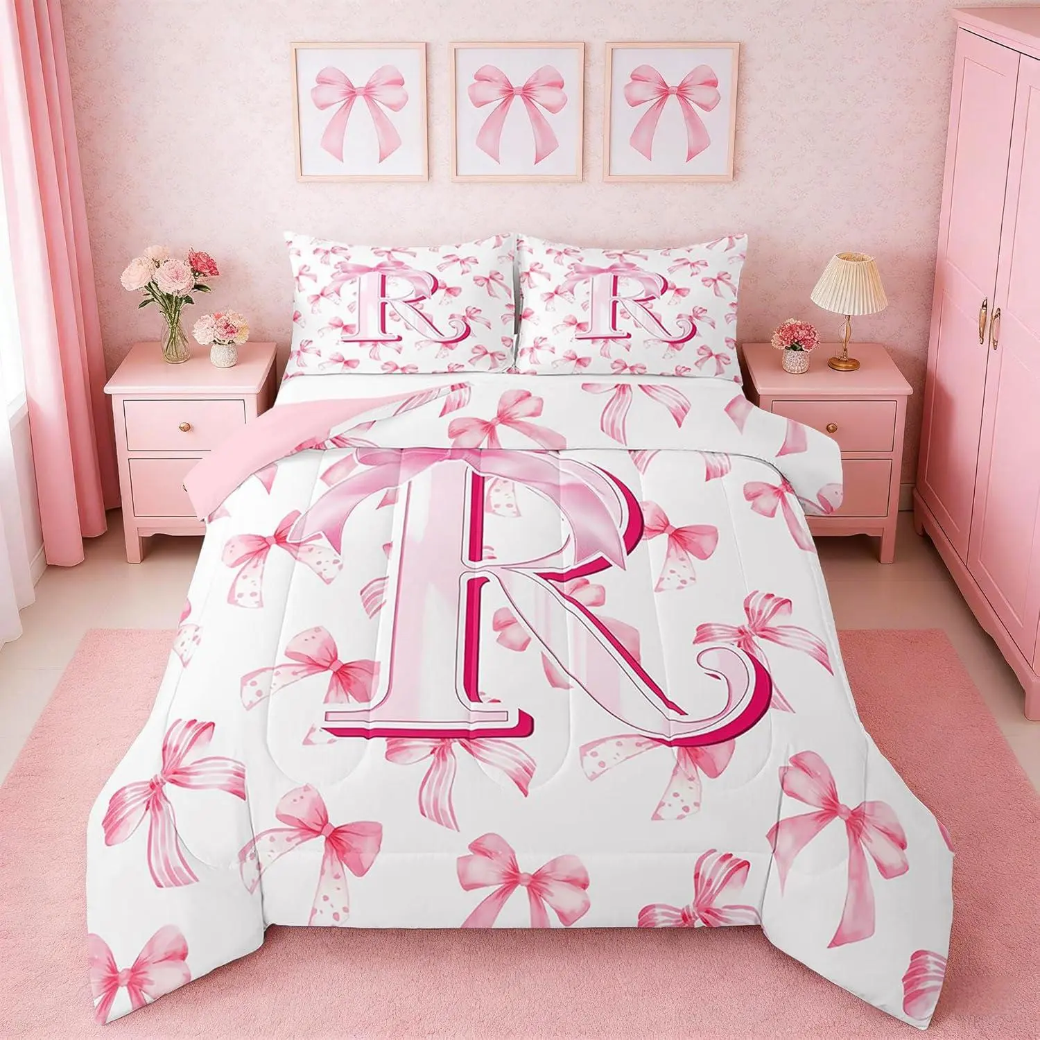 Cute Pink Bow Comforter Set Monogrammed Bedding Set Ultra Soft Personalized Initial R Duvet Quilt Coquette Bow Knot Quilt Set Room Decor Modern Fashion Comforter