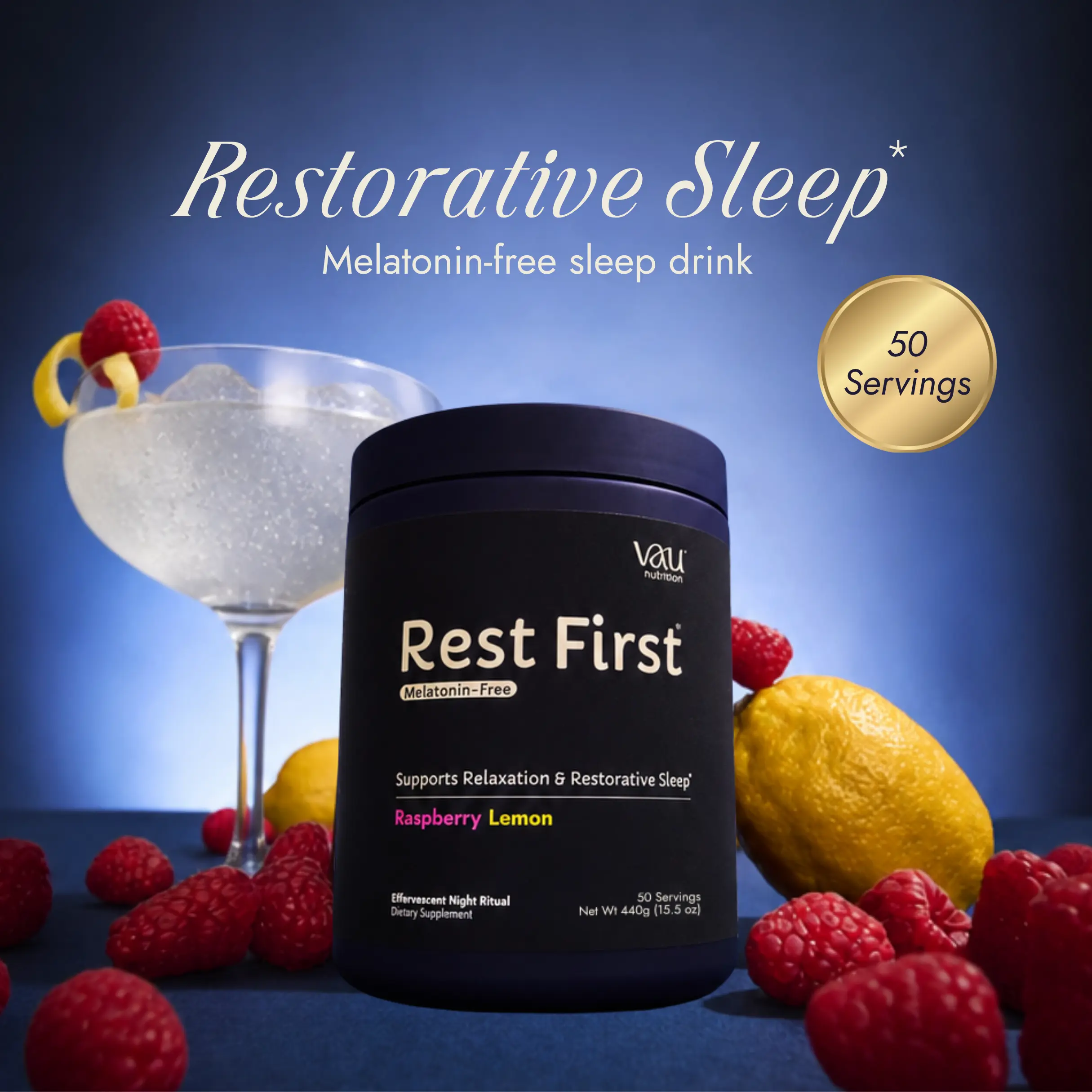 Rest First Sleep Support Drink Mix  Effervescent Night Ritual, Raspberry Lemon, Melatonin-Free, 50 Servings