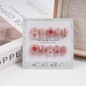 Pink Elegance Press On Nails with 3D Herat Accents,Gold Details,Star&Moon, Suitable for Wedding,Events or Gift for Her,Birthday,Valentine's Day