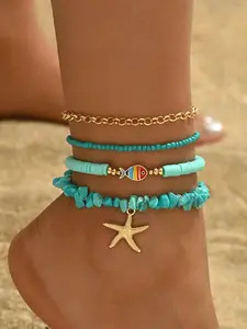 Women's Fashion Beaded Anklet Set, Star Design Jewelry Gift, Perfect Beach Travel Accessory, Stylish Shoe Enhancer