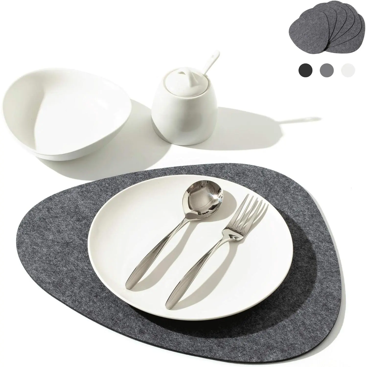 Table Coaster Set of 6 | Felt Coasters Non-Slip  Heat-Resistant Washable Mats Suitable for Outdoor Use Gray Oval