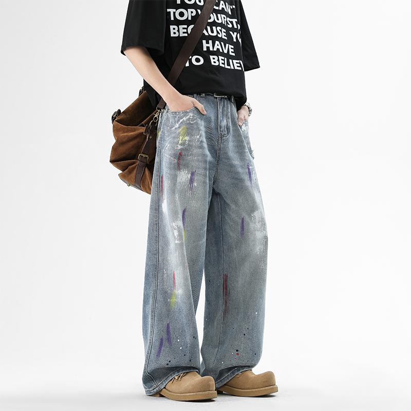 High Street New Trendy Brand Ripped Printed Jeans, Men's Washed Vintage High Street Long Pants for Spring and Fall, Loose Casual Versatile Straight Leg Pants, Niche Design Graffiti Splash Straight Mid-Rise Jeans, Wide Leg Trousers, Men's Jeans, Men's Bott