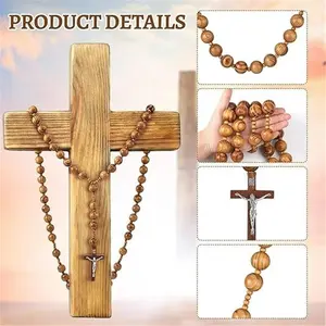Giant Big Beads Rosario Natural Wood Jesus WOOD  Cross XL Large 37" Wall Rosary