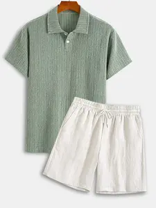Men's Stretch Knit Jacquard Polo Shirt & Linen Blend Shorts Set, 2 Piece Matching Casual Breathable Summer, Ideal for Beach Golf Daily Wear Clothes