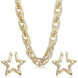 MILACOLATO 3 PCS Large Hollow Casting Triangle Bamboo Hoop Earrings Set Chunky Rope Chain Necklace for Men Women Punk Hip Hop Costume Kit 80s/ 90s Rapper Accessories Daily
