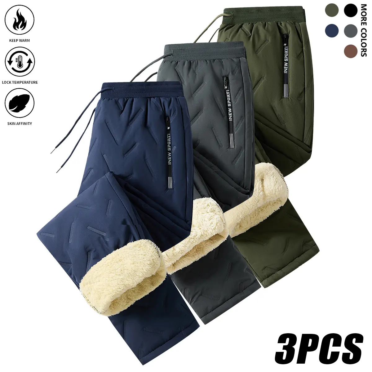 Men’s 3-Pack Fleece-Lined Solid Color Pants - Low-Rise Elastic Waistband with Drawstring, Zippered Pockets, Machine Washable Casual Menswear for Office Work, Outdoor Activewear, Woven, Office-To-Outdoor Warmth In One Pair, Thermal Pants Add Warmth Under L