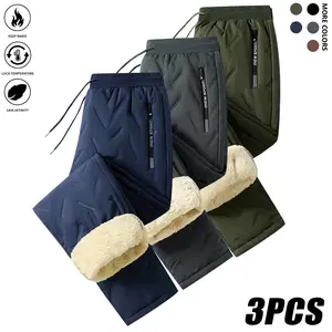 Men's Warm Winter Pants Set - 3 Pack Thick Cotton Trousers with Drawstring Waistband, Black Cold-Resistant for Daily and Formal Wear, Side Pockets - Suitable for Office Work and Outdoor Activities solid drawstring waist sweatpants wind  proof  pants mens