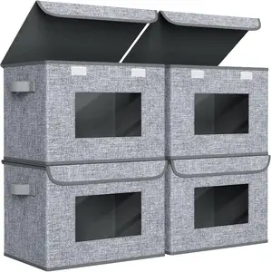 Fabric Foldable Storage Boxes [4-Pack] Large Collapsible Stackable Storage Bins with Lids, Closet Organizers and Storage Cube Basket for Home, Office, Bedroom (Grey, 17'' x 12'' x 12")