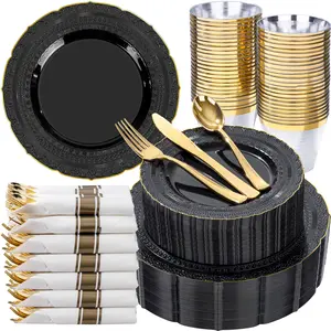 350PCS Black Lace Plastic Plates Gold Trim Disposable Set for 50 Guests 100 Plates 50 PreRolled Napkins with Cutlery 50 Cups Ideal for Wedding Party New Year