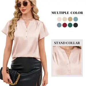 Women's Elegant Minimalist Chic Soft Satin Silk Blouse, Ruffle Short Sleeve, V-Neck, Stand Collar, 2-Button Placket, Lightweight Fold, Medium Length, Plain, Basic Fit, Dressy Casual Summer Work Shirts, Outdoor Fun