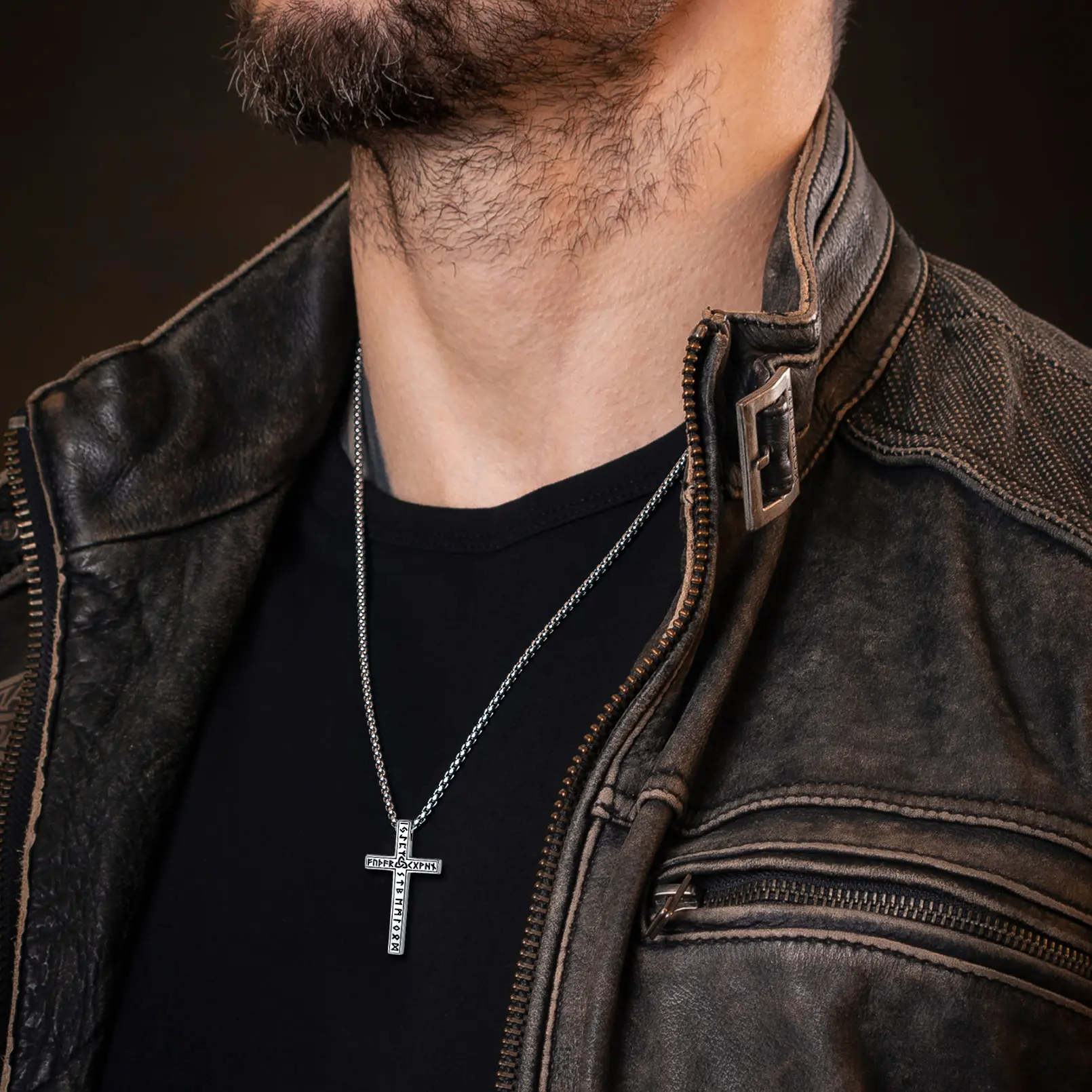 FaithHeart 50mm Viking Cross Pendant - Stainless Steel Engraved Runes Protection Amulet, Casual Decorative Necklace, Unisex Jewelry Accessory, Engraved Jewelry