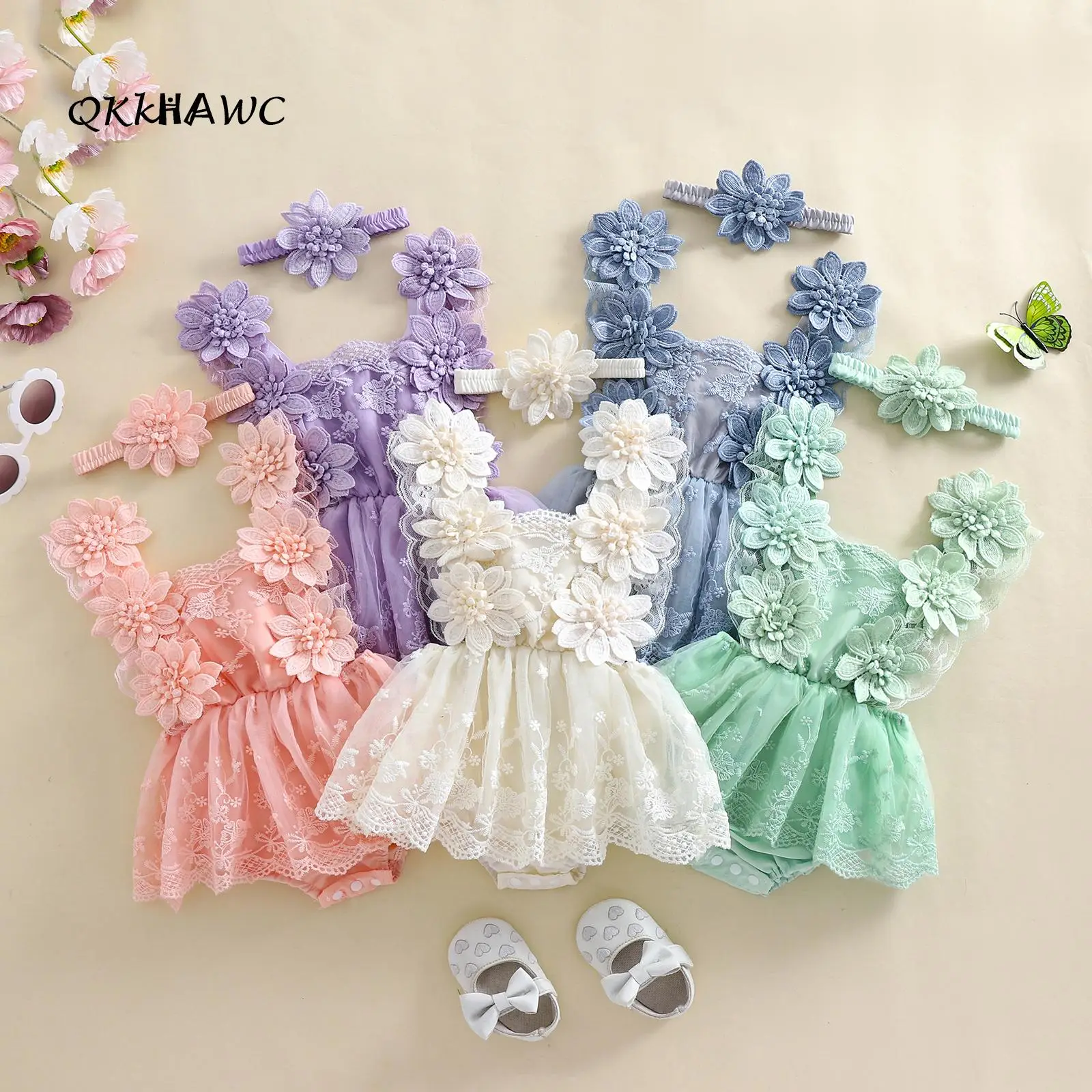 Baby Girl Summer Outfit, Flower Embroidery Tie-Up Mesh Romper Dress Bow Headband 2 Piece Set Clothes