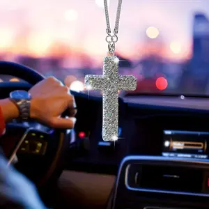 MONKEY KING Car Rearview Mirror Hanging Cross Ornament Daily Encouragement Christian Vehicle Accessories Sparkling Design