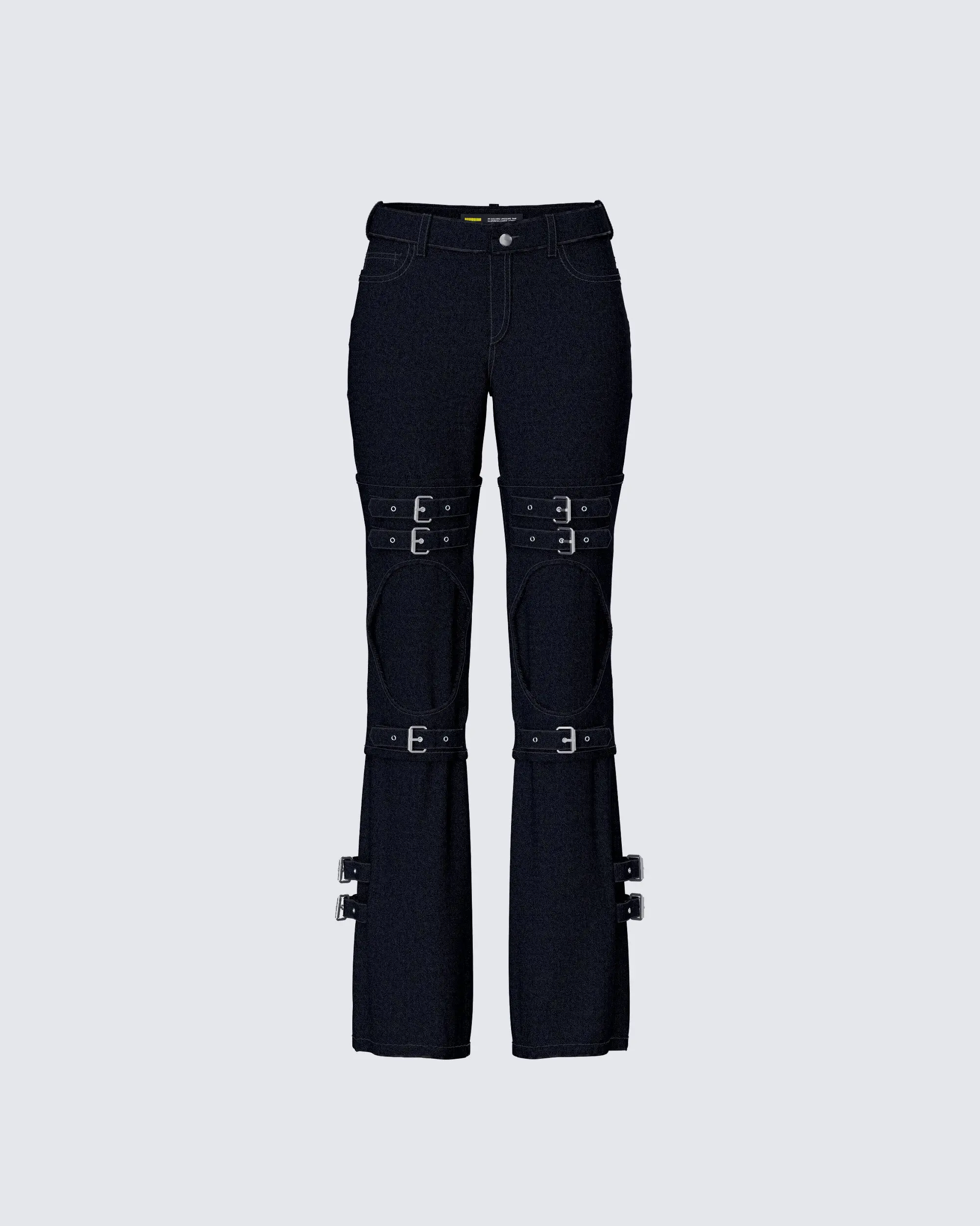 Women's Serenity Black Denim Buckle Straight Pants, Streetwear Bottom for Women's Casual Wear, Button