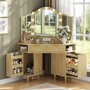 Corner Vanity Desk with 3 Way Mirror & 11 LED Lights, Corner Makeup Vanities Desk w/ Glass Top, Power Outlet, Fluted Drawers and Storage Cabinet, Modern Dressing Table(Oak)