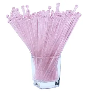 100 Pieces Disposable Plastic Round Top Clear Swizzle Sticks  Crystal Cake Stick Cocktail Coffee Drink Stirrers Valentines Day 7.24 Inch (pink)