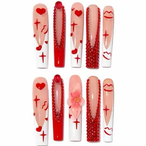 Luxury Red & Nude 3D Press-On Nails with Heart & Flower Designs for Valentine's Day