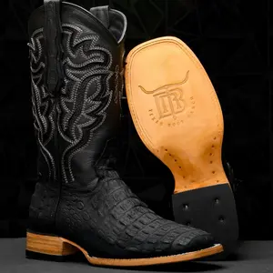 Matte Black Caiman Hornback Leather Boots - Square Toe