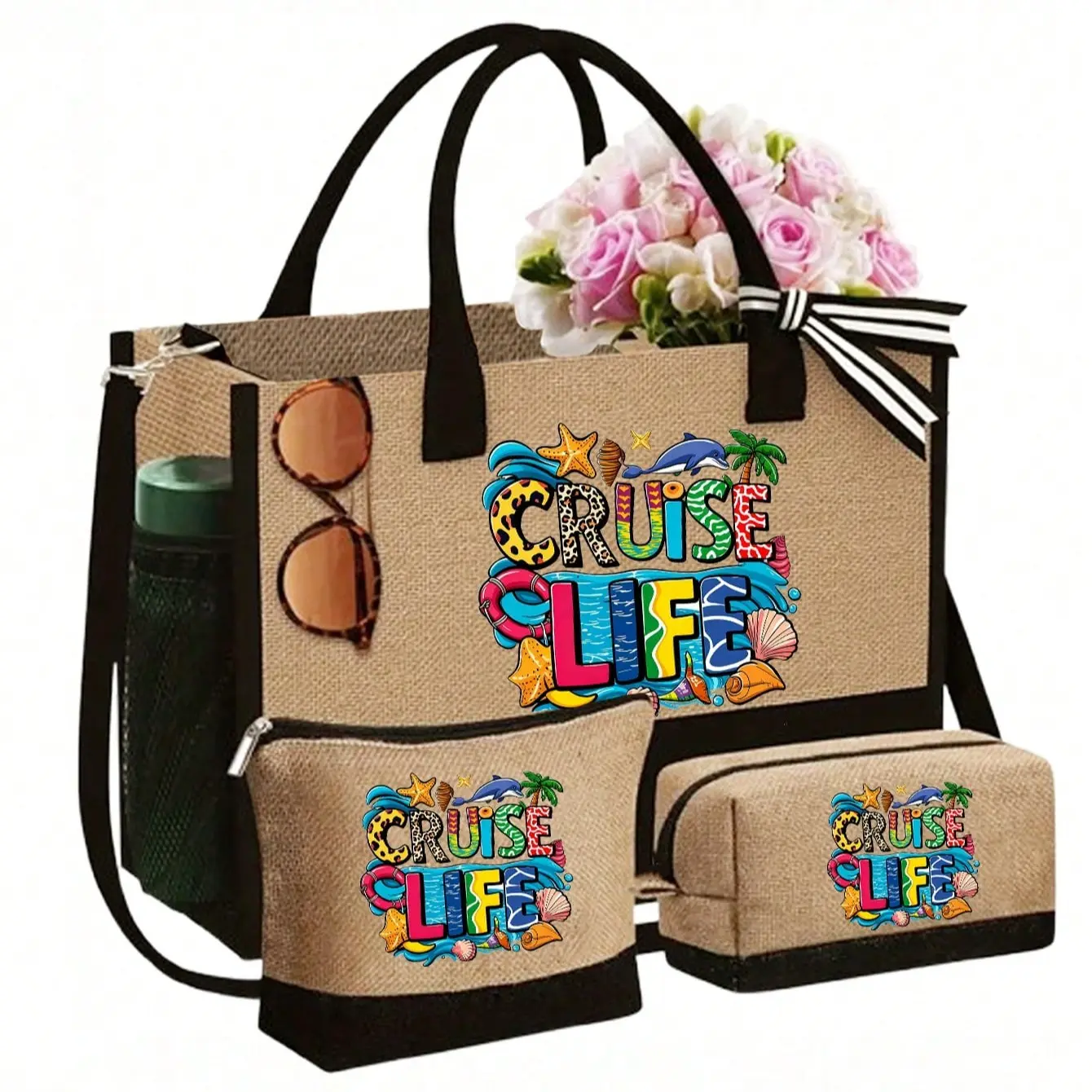 Women's Handbag Set with Cruise Print, Large Capacity Bag and Two Makeup Bags, Dolphin Star Shell Elements, Perfect Gift for Holidays