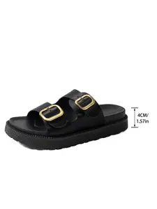 Vintage Workwear Style Slip-On Sandals, Strapy Sandals, Full Base with Dual Metal Buckles, Textured PU Upper, Casual Less Than Ankle Shoes, Rubber, Footwear, Rubber Sole Sandals